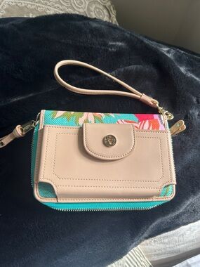 Spartina 449 Beige Leather & Turquoise Floral Wristlet